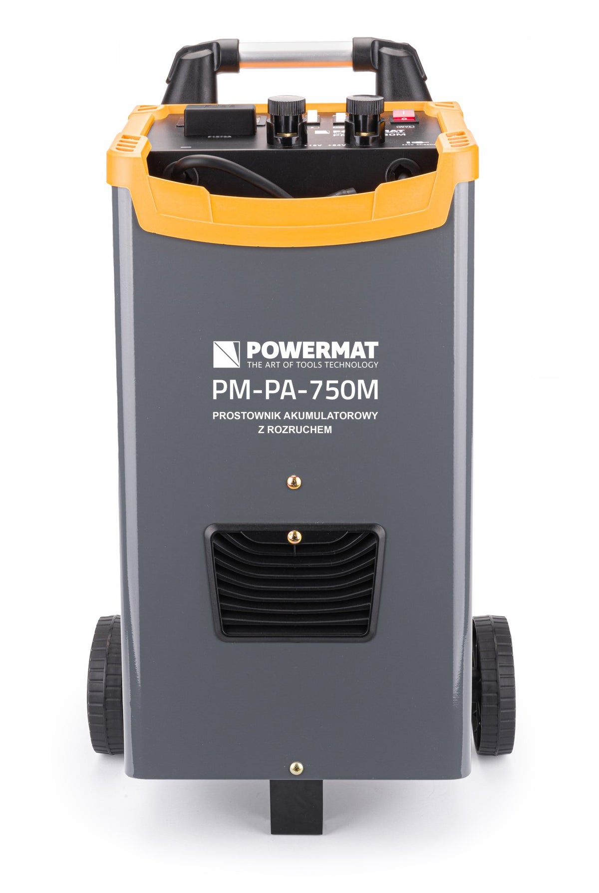 Batterilader Powermat PM-PA-750M sett forfra med gult toppanel og handtak, pa hjul