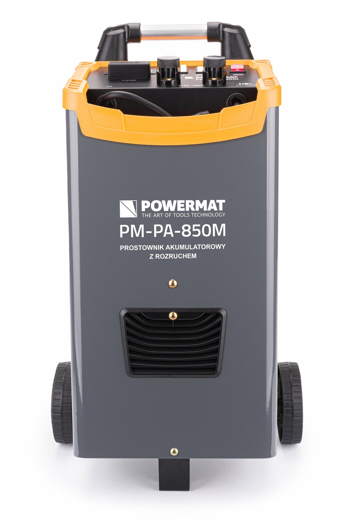 Batterilader Powermat PM-PA-850M sett forfra med gult toppdeksel og kontrollbrytere