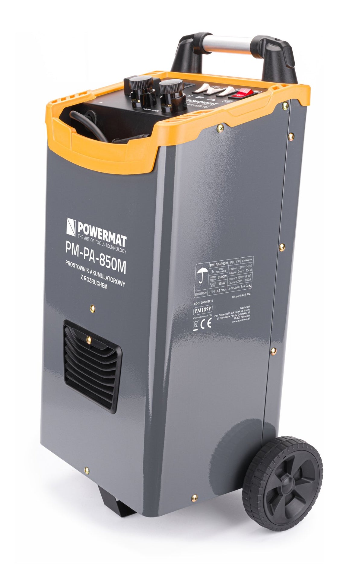 Batterilader Powermat PM-PA-850M grå modell på hjul, vinklet sidevisning med toppkontroller og håndtak