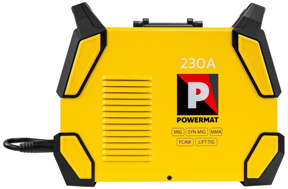 Powermat PM-PAS-230L sveiseapparat i gult kabinett sett rett forfra