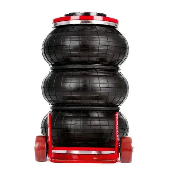 Pneumatisk jekk 3.5T sett forfra, viser tre rillede kamre og rød ramme med hjul mot hvit bakgrunn.