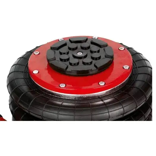 Pneumatisk jekk 3.5T, detaljert nærbilde av sort og rød toppseksjon med strukturert metall og synlige skruer.