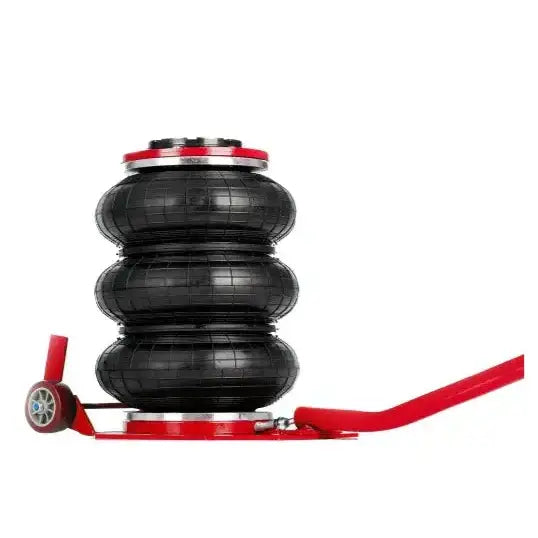 Pneumatisk jekk 3.5T, sidevisning av tredelt svart luftpute på rød base med hjul og detaljerte metallkanter.