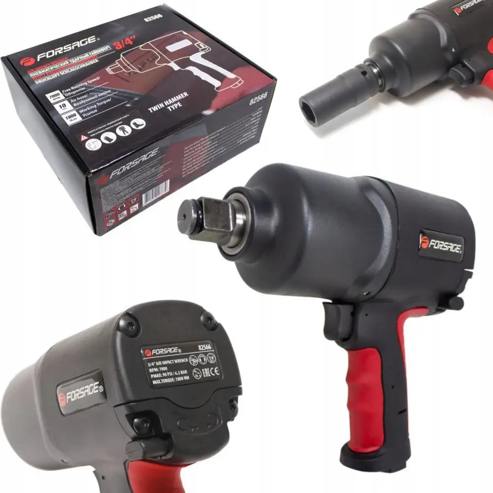 Pneumatisk slagtrekker 1800Nm 3/4", nærbilde av festemekanisme og rødt håndtak, eske i bakgrunnen.