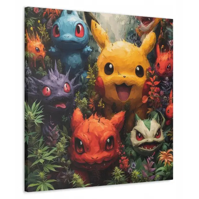 Pokémon Pikachu og venner lerretsbilde, skråvisning med fargerike figurer og grønne planter på barneromsvegg.