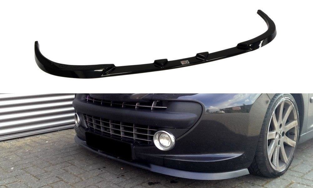 Frontspoiler til Peugeot 207 Preface, sort blank plast, vist montert og som enkeltprodukt mot hvit bakgrunn.
