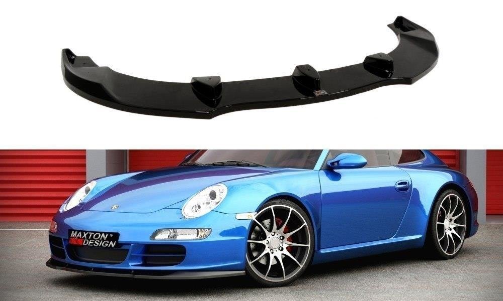 Frontspoiler til Porsche 911 Carrera 997.1 i sort glanset ABS-plast sett forfra, montert under støtfanger.