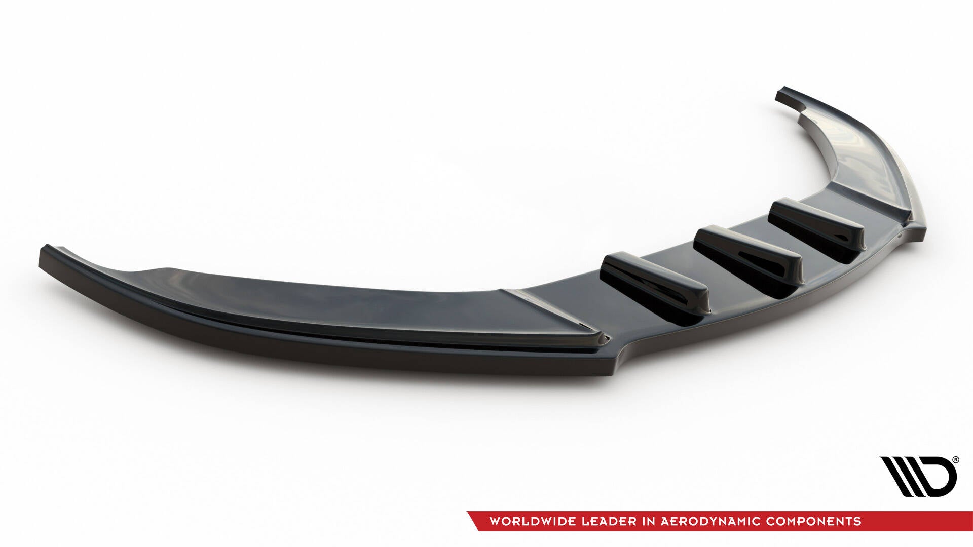 Front splitter for VW Scirocco R 2008-2014 med fire luftekanaler, sort og blank finish, lav sidevinkel.