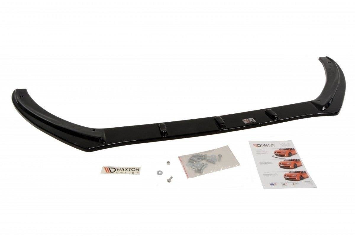 Front splitter til VW Polo MK5 i sort glanset plast med monteringsutstyr og instruksjonsark.