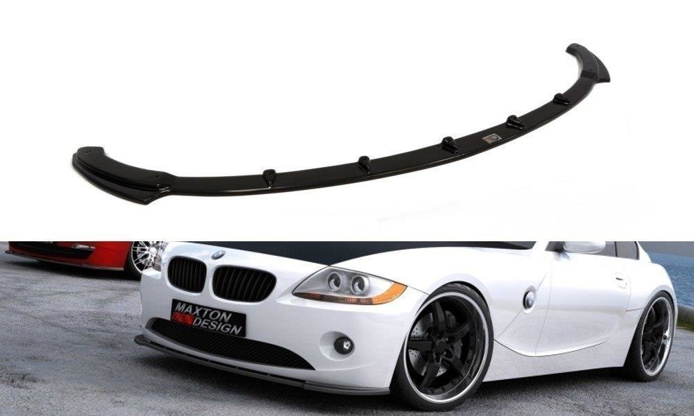 Frontspoiler til BMW Z4 E85/E86 V.1 sett ovenfra og montert på hvit bil forfra og fra siden.