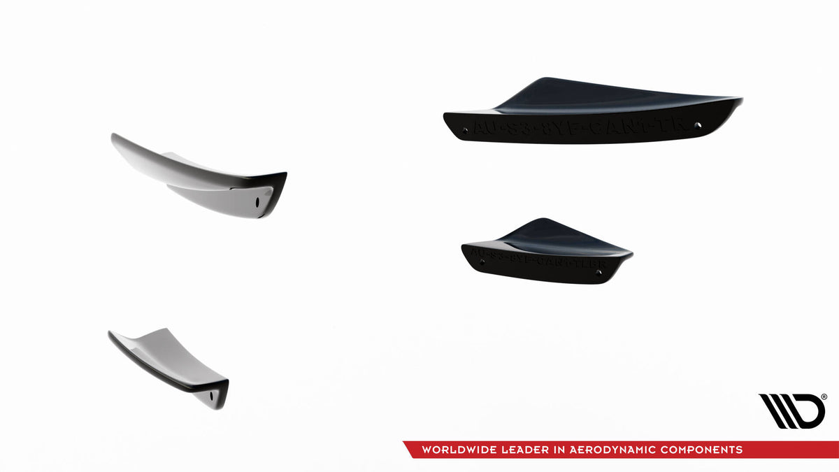 Detaljbilde av splitteren og canards til Audi A3 S-Line 8Y som fremhever skarpe linjer og konturer