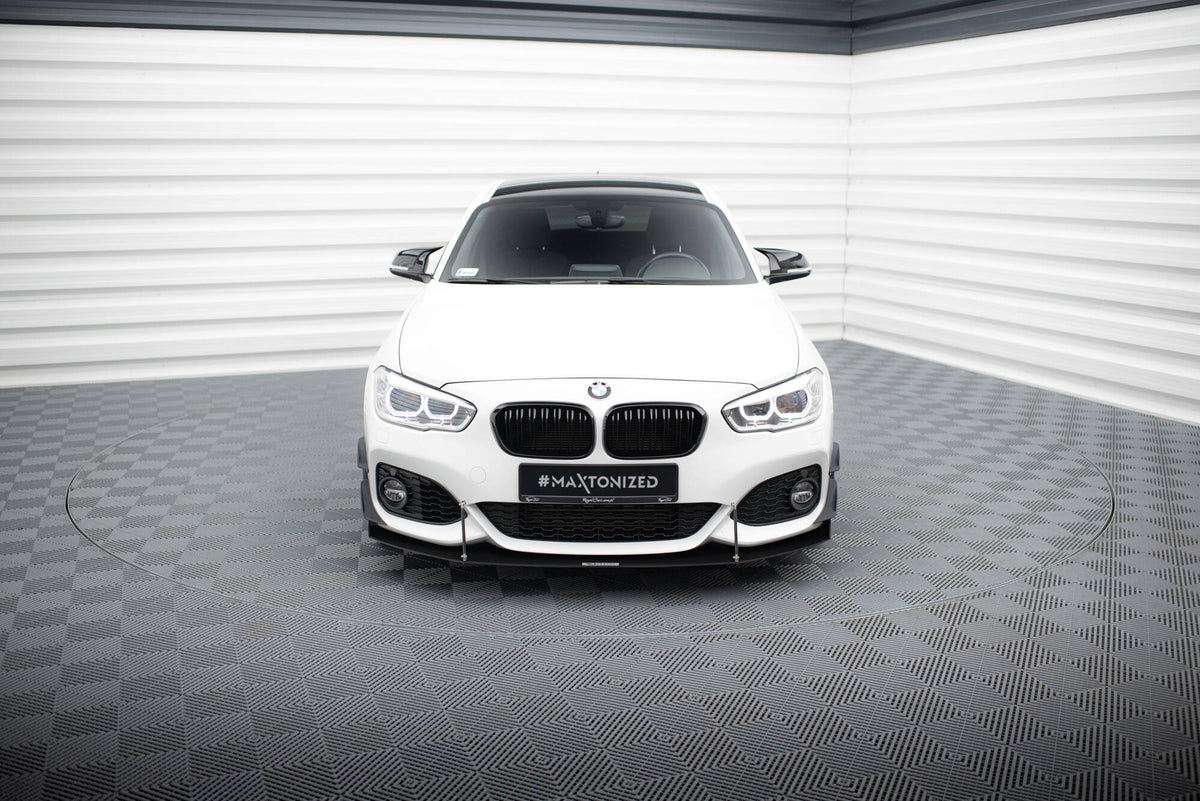 Frontfanger canards i sort for BMW 1-serie F20 Facelift M-Pakke og M140i, montert på støtfanger