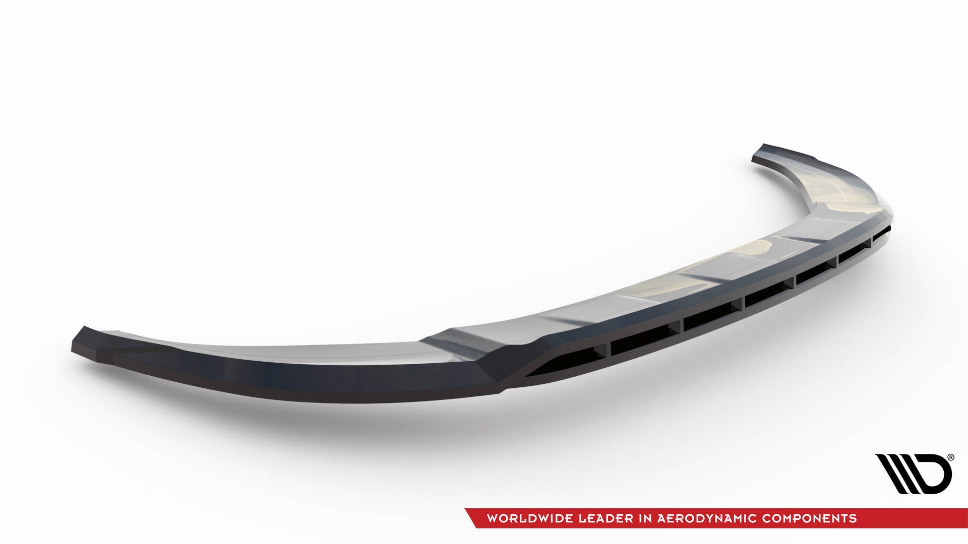 Front splitter for Audi A6 Allroad C8 i svart plast med luftkanaler og glanset overflate, sett skrått ovenfra.