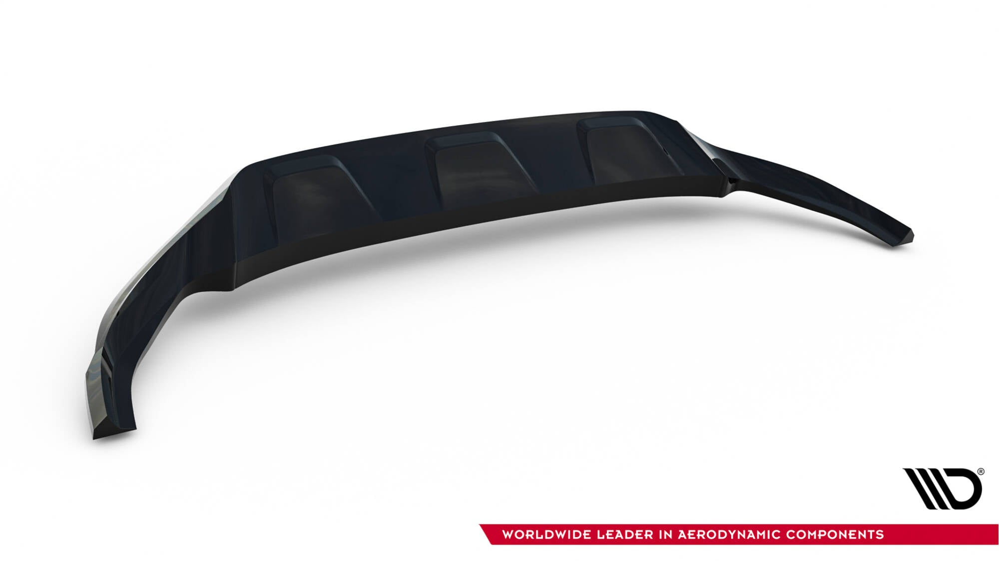 Front lip Audi Q8 MK1 i svart plast med tre hevede seksjoner sett ovenfra på hvit bakgrunn.