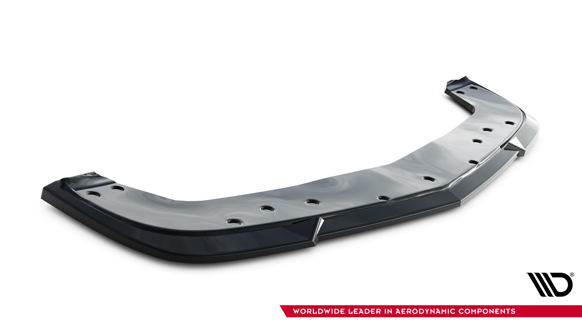 Front lip til Dodge Challenger GT MK3 Facelift, svart og glanset med synlige monteringshull sett skrått forfra.