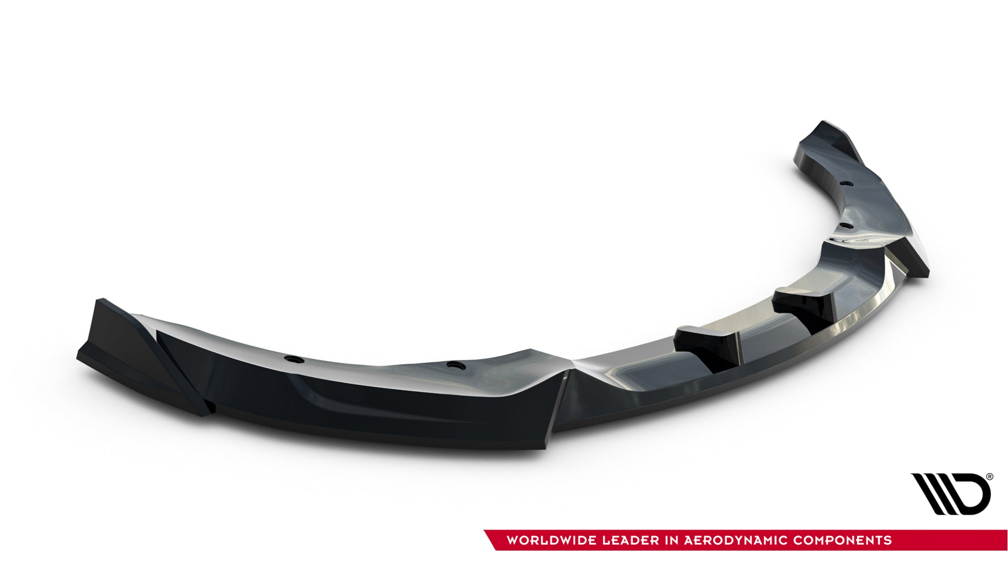 Front lip til Dodge Charger RT Scat Pack Widebody MK3, sort glanset spoiler sett skrått ovenfra.