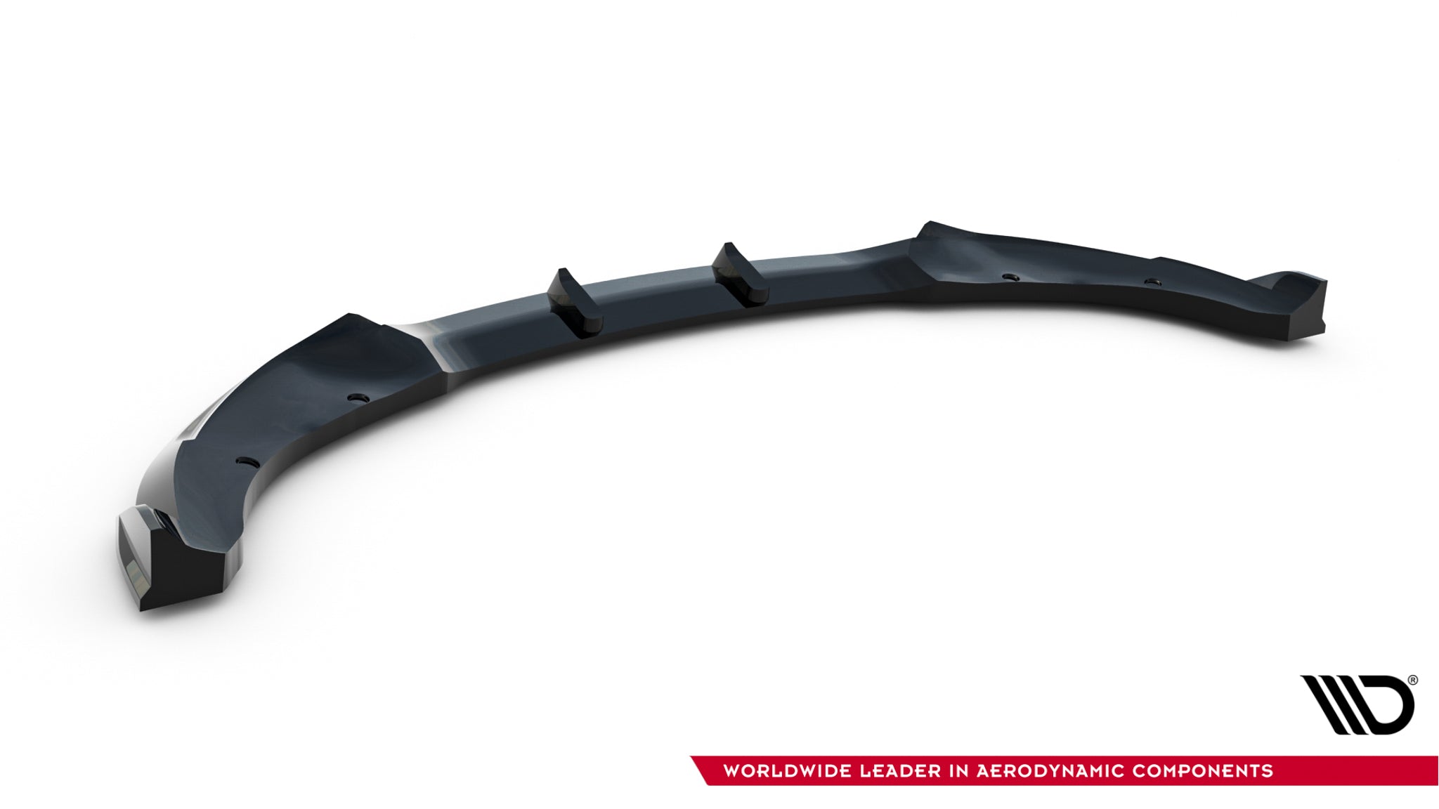 Frontspoiler til Dodge Charger RT Scat Pack Widebody MK3 Facelift med tre finner og festehull sett skrått ovenfra.