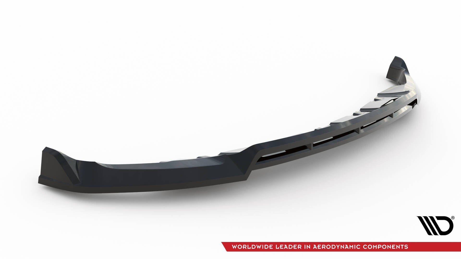 Front splitter for Ford Explorer Xlt MK6, svart plast med luftkanaler, sett forfra og nedenfra.