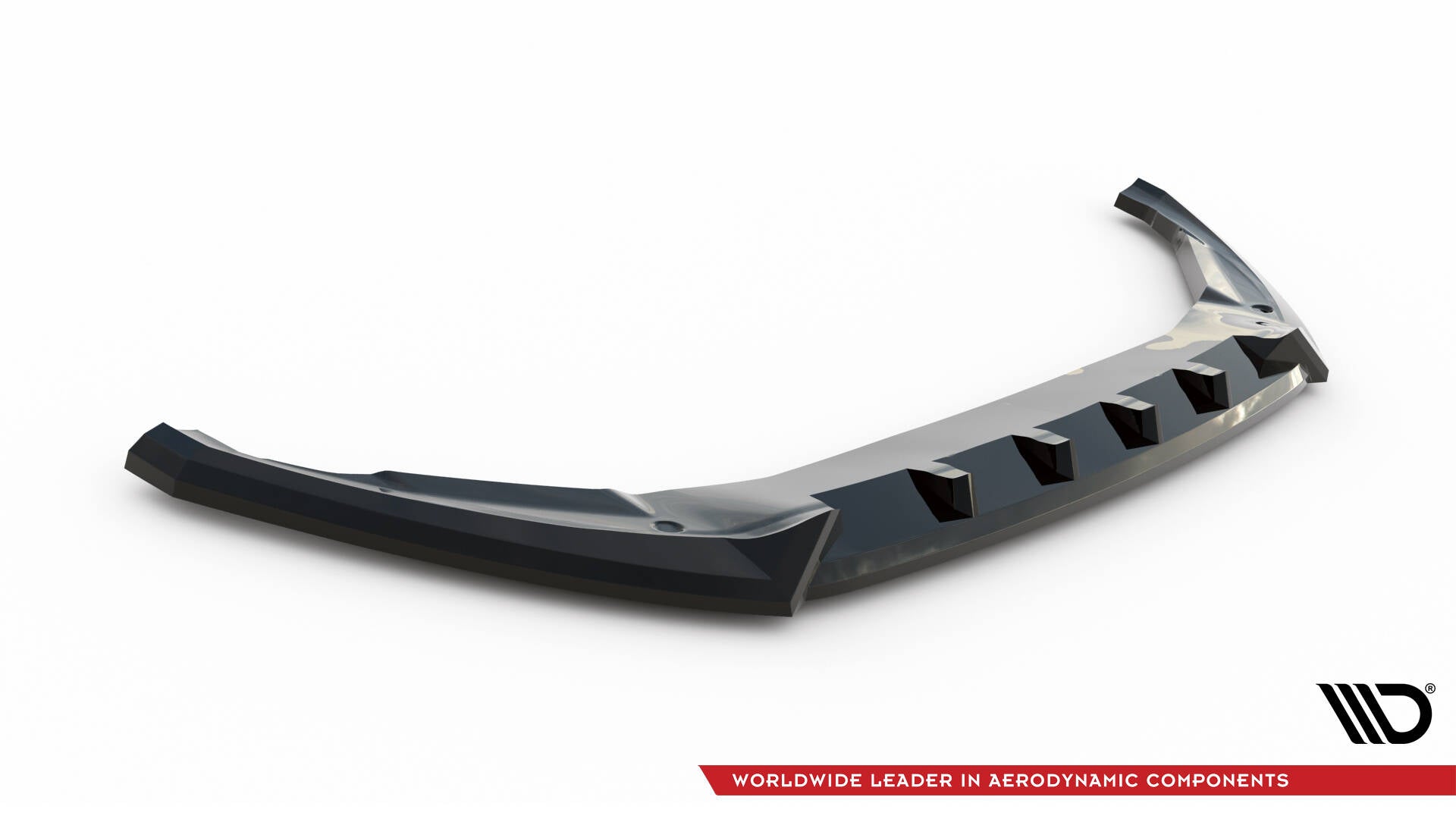Front splitter til Ford Transit Courier MK1, sort plast med luftkanaler og blank finish, skrå vinkel.