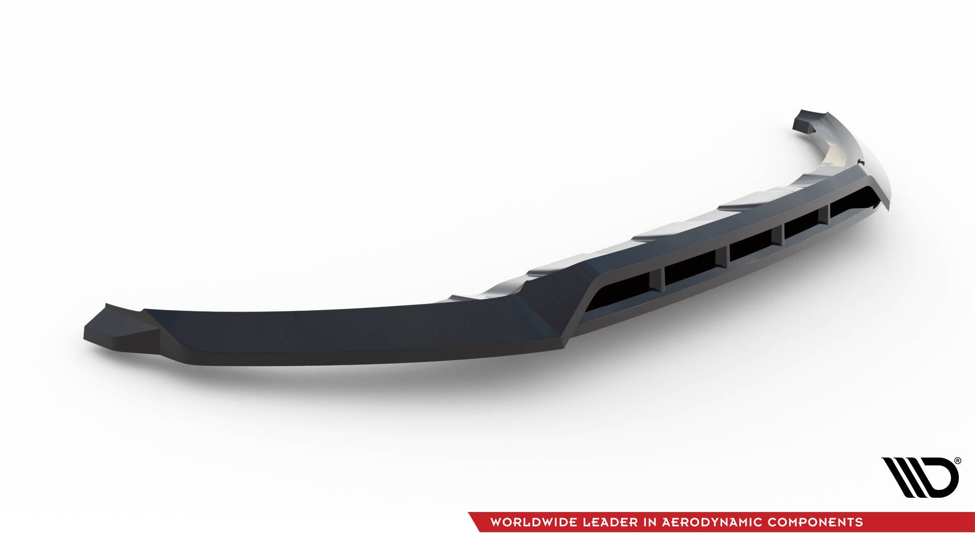 Front splitter for Jaguar F-Pace R-Sport MK1, svart plast med markerte linjer sett fra skrå vinkel.