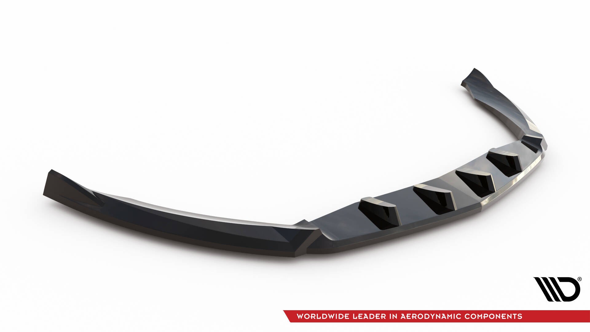 Front splitter til Mercedes CLA C117 Facelift, sort og glanset med fem finner, avbildet skrått forfra.