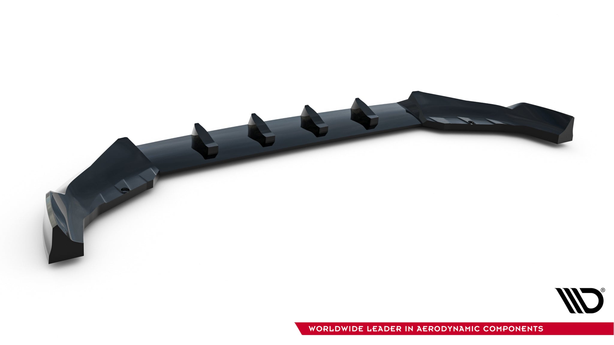 Frontleppe til Mini Countryman JCW U25 i svart glanset plast med fire vertikale finner, skrått ovenfra.