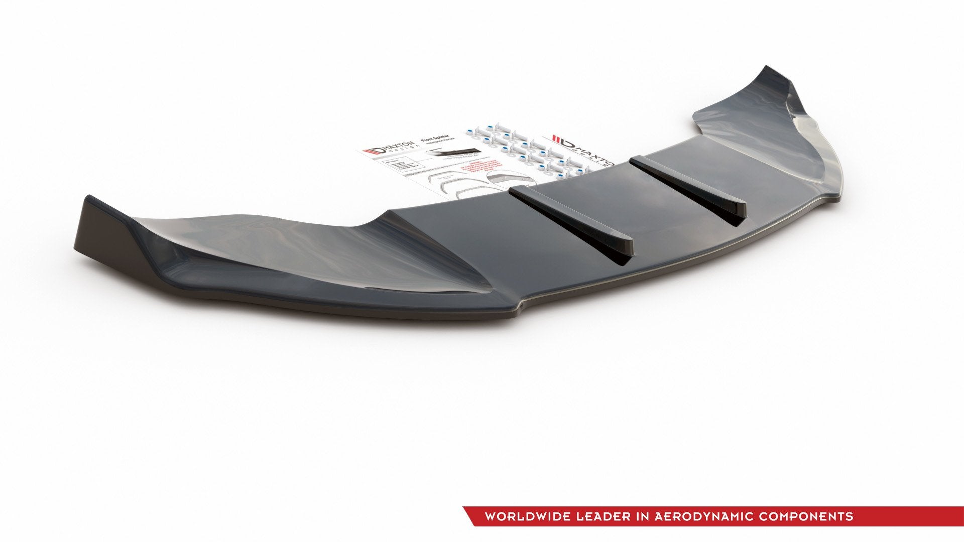 Front lip til Mini Countryman MK1 Jcw, sort glanset plast med tre finner, skrå vinkel, skruer og instruksjoner.