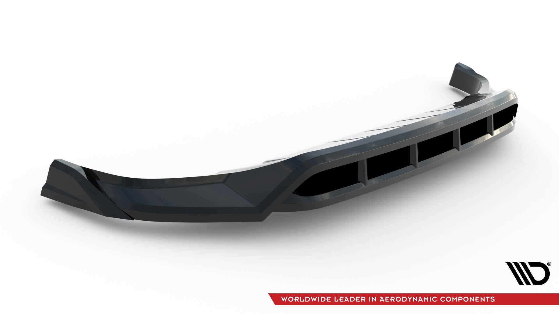 Front splitter til Porsche Cayenne MK3 Facelift, sort glanset plast med luftkanaler, sett skrått forfra.