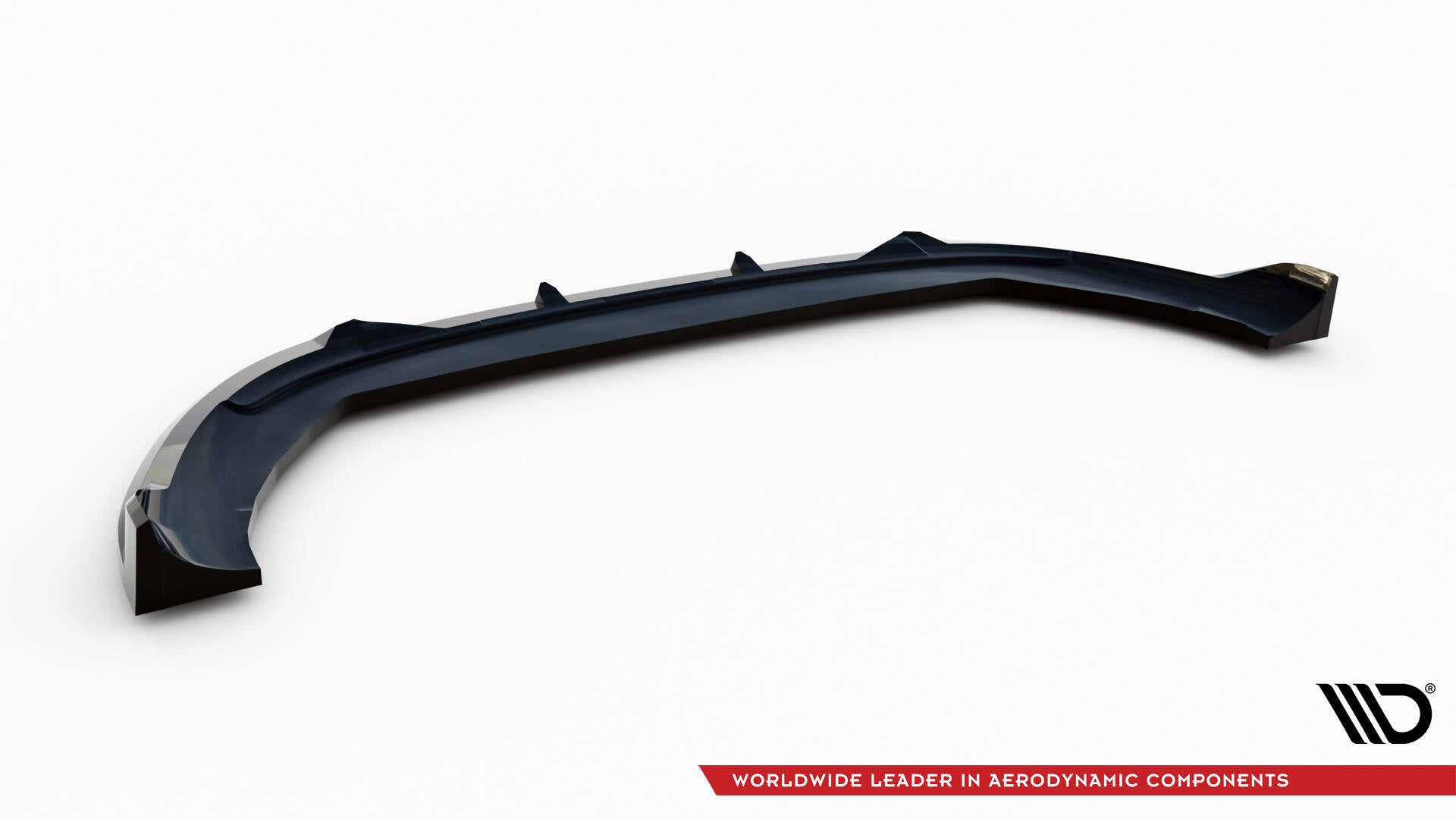 Front lip til Seat Arona MK1 Facelift FR, svart plast med markerte finner og blank overflate, sett skrått ovenfra.