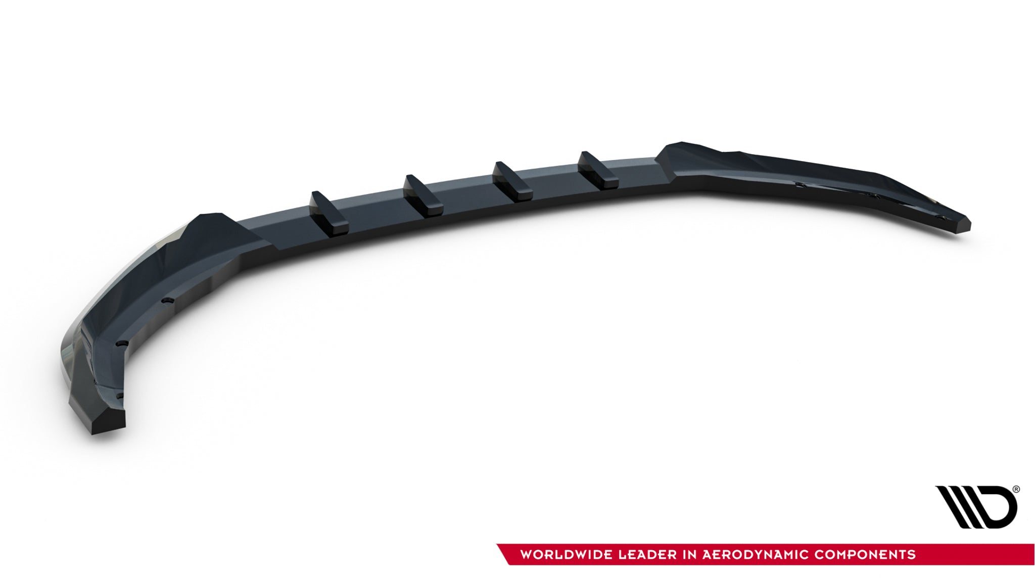 Frontspoiler Skoda Kodiaq MK2 i svart plast med vertikale finner og blank overflate, sett ovenfra.