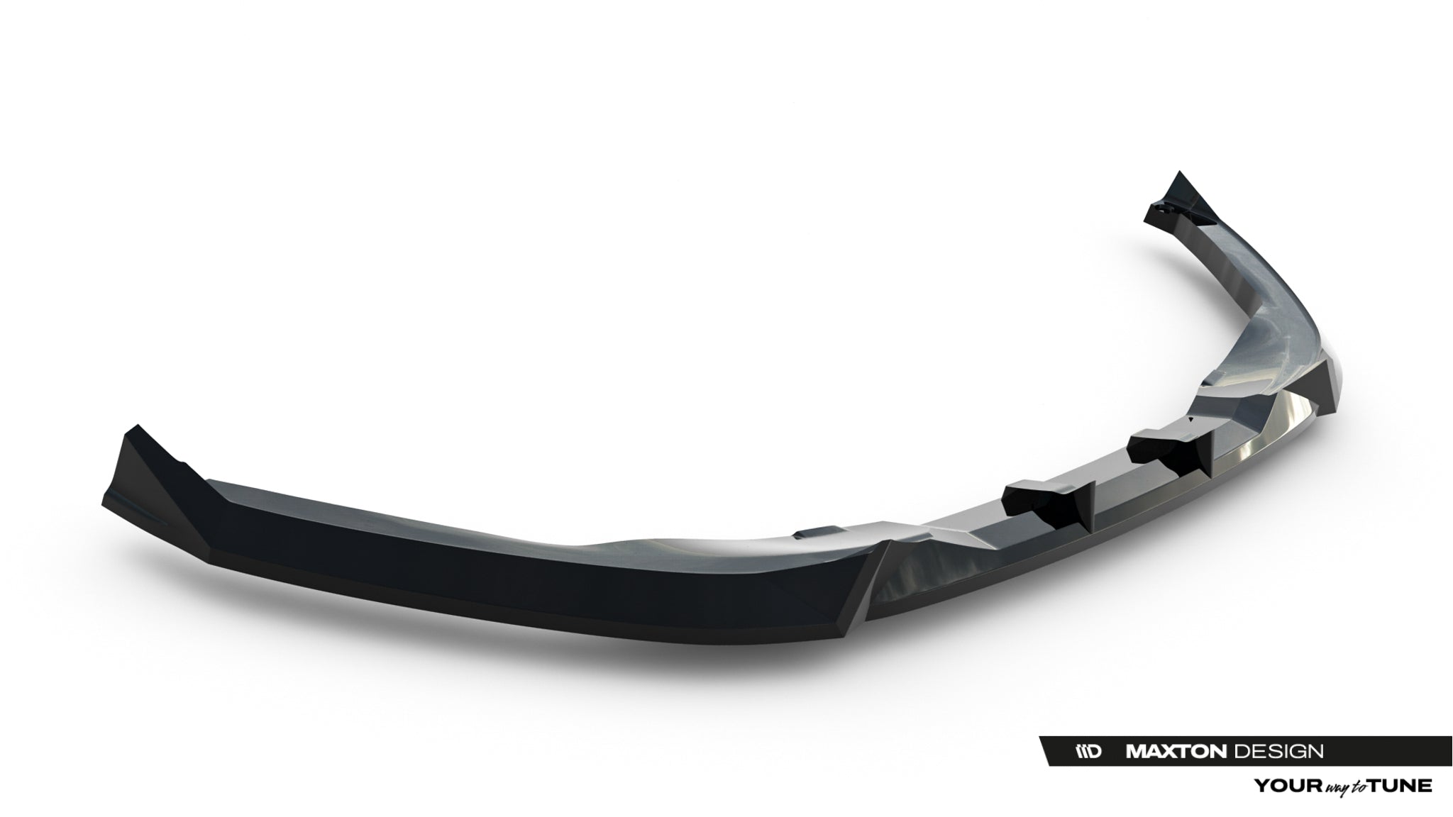 Frontleppe til Toyota C-Hr MK2, sort og glansfull spoiler med markerte kanter, sett fra skrå vinkel.
