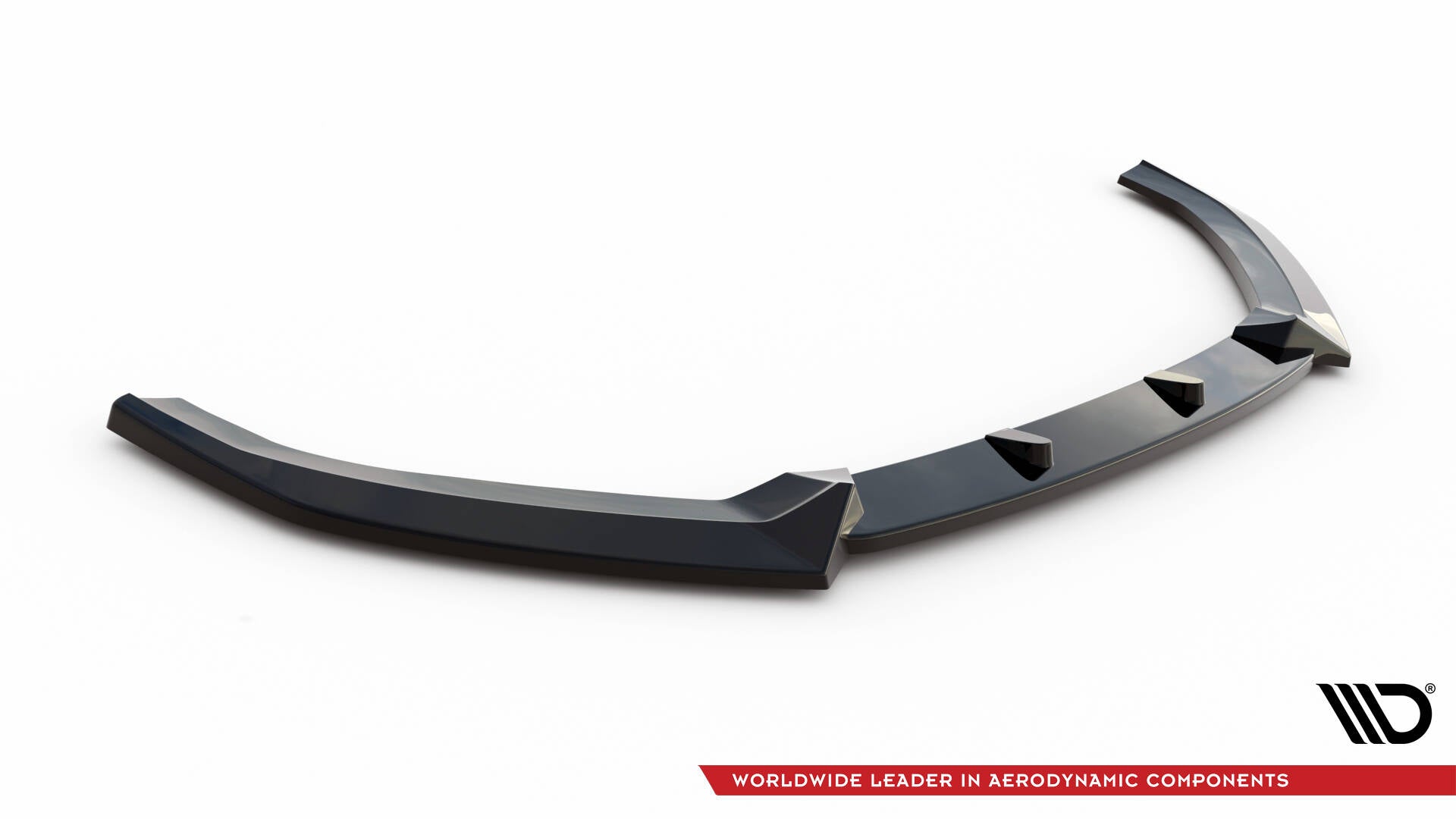 Front splitter Audi A3 Sportback 8V Facelift V.1 i sort, glanset plast med tre vinger og buet design.