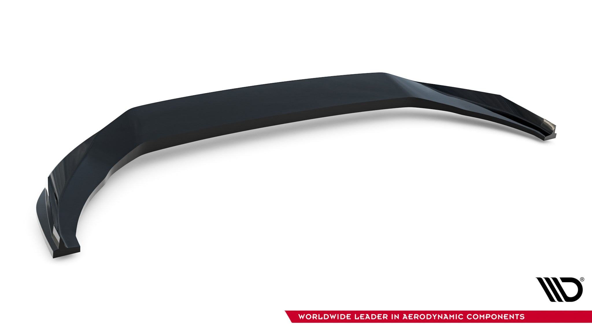 Frontspoiler Audi A5 S-Line B10 V.1 i sort glanset finish, sett i fugleperspektiv mot hvit bakgrunn.