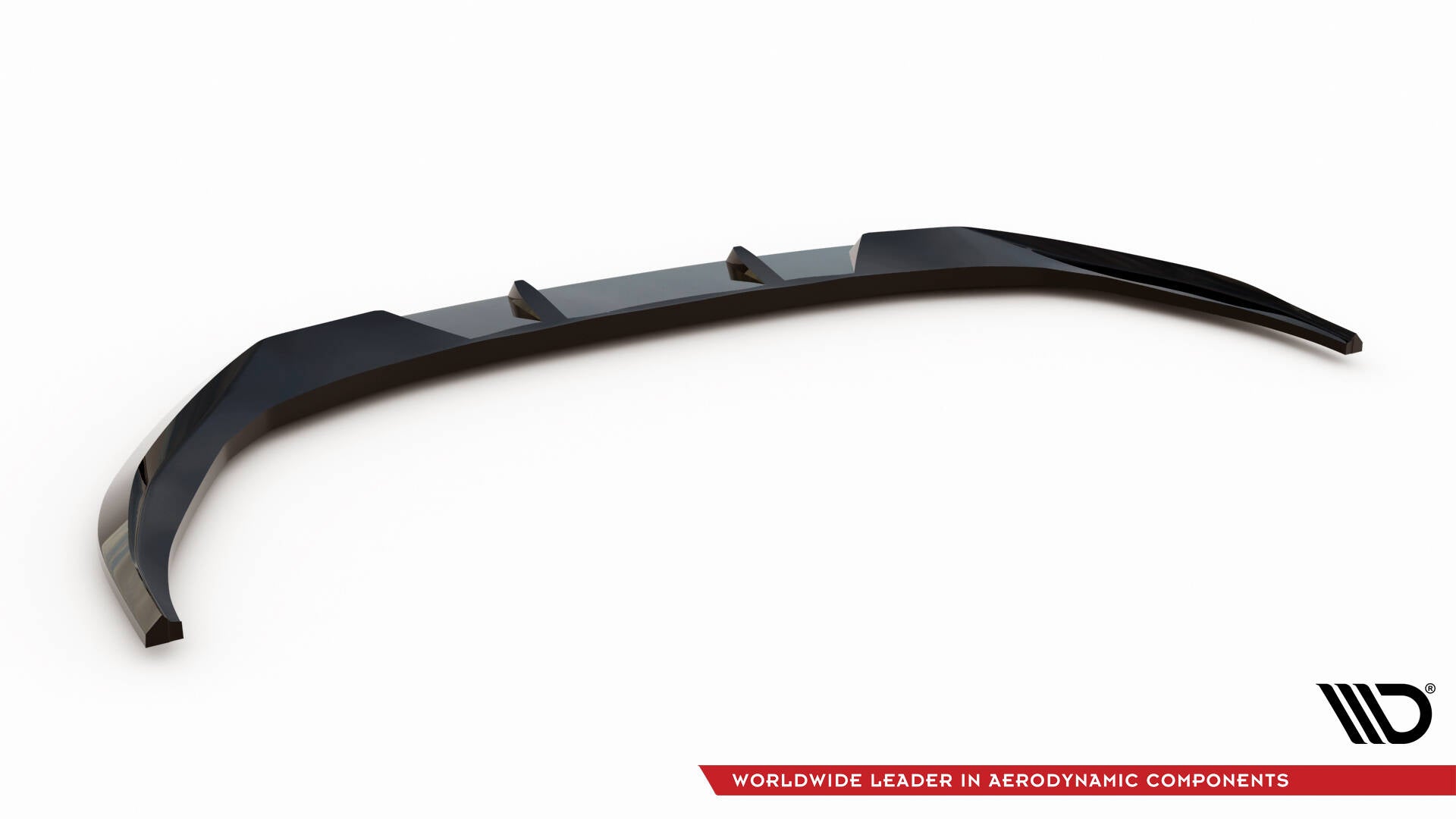 Front lip for Audi S3 Sportback 8Y Facelift i svart glanset plast med tre vertikale finner, skrå vinkel.
