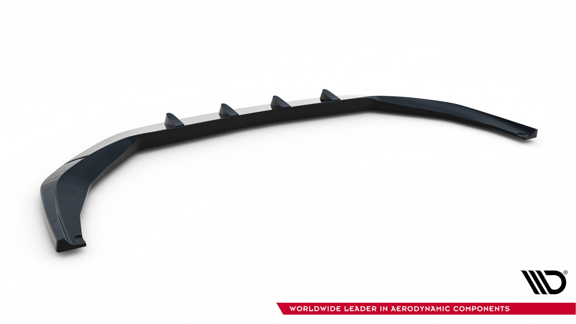 Front lip til Audi S8 / A8 S-Line D5 Facelift V.1, sort plast med fire finner, sett skrått ovenfra.