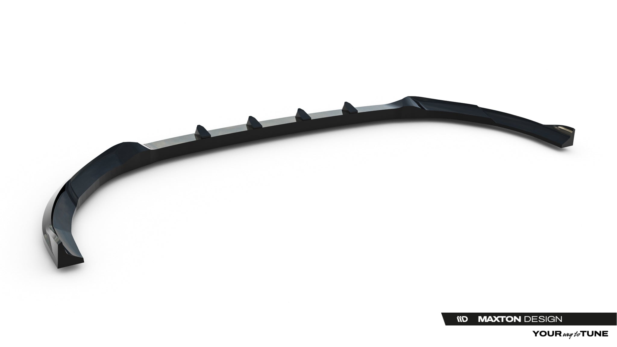 Frontleppe til Ford Transit Custom MK2, sort plastspoiler med finner, fotografert skrått ovenfra.