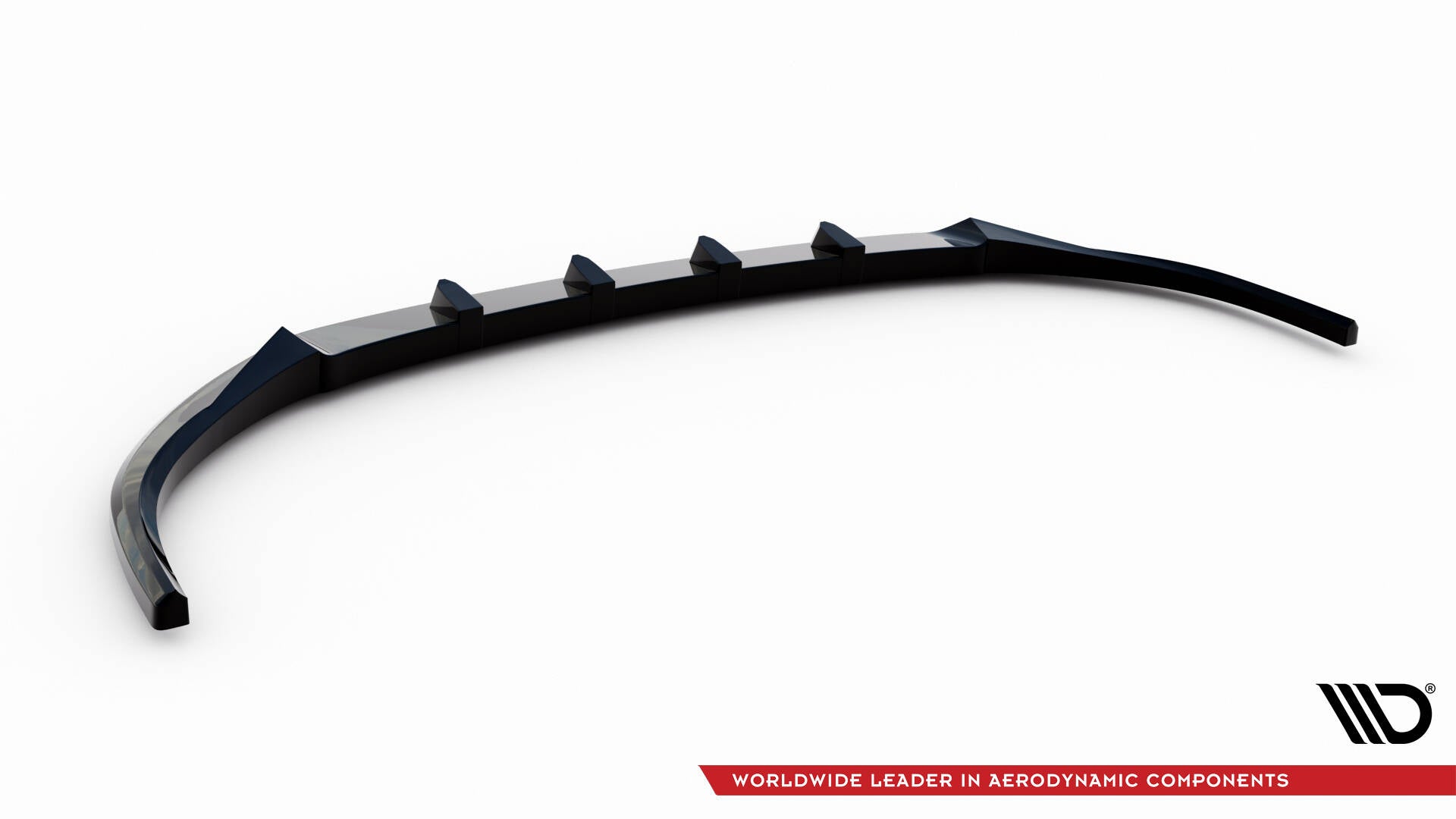 Front splitter til Mazda 3 MK4 V.1, sort plast med fem vinger, vist skrått forfra på hvit bakgrunn.