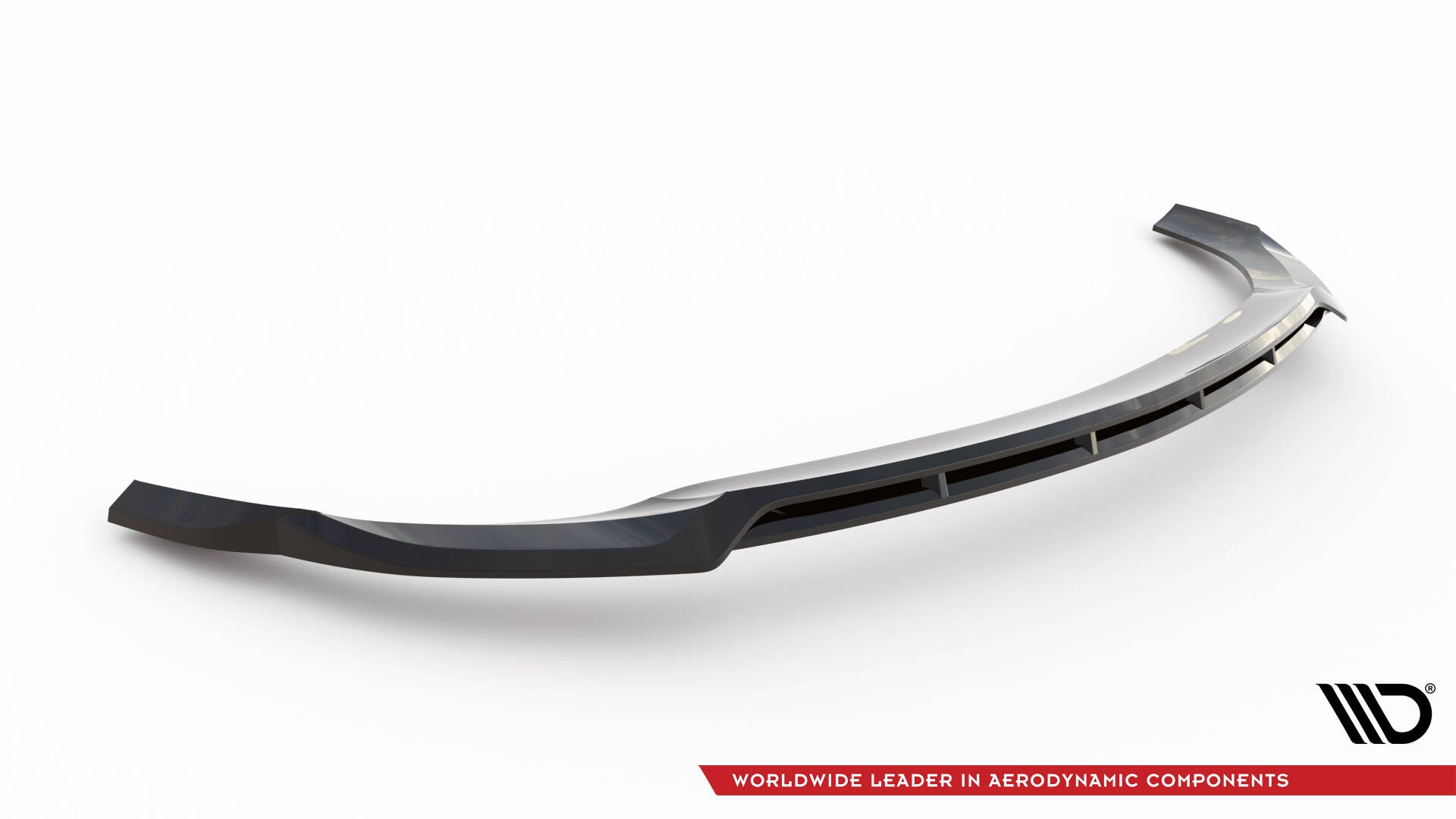 Front splitter for Mercedes CLE AMG-Line C236 V.1 i svart og sølv med luftspalter, skrå vinkel.