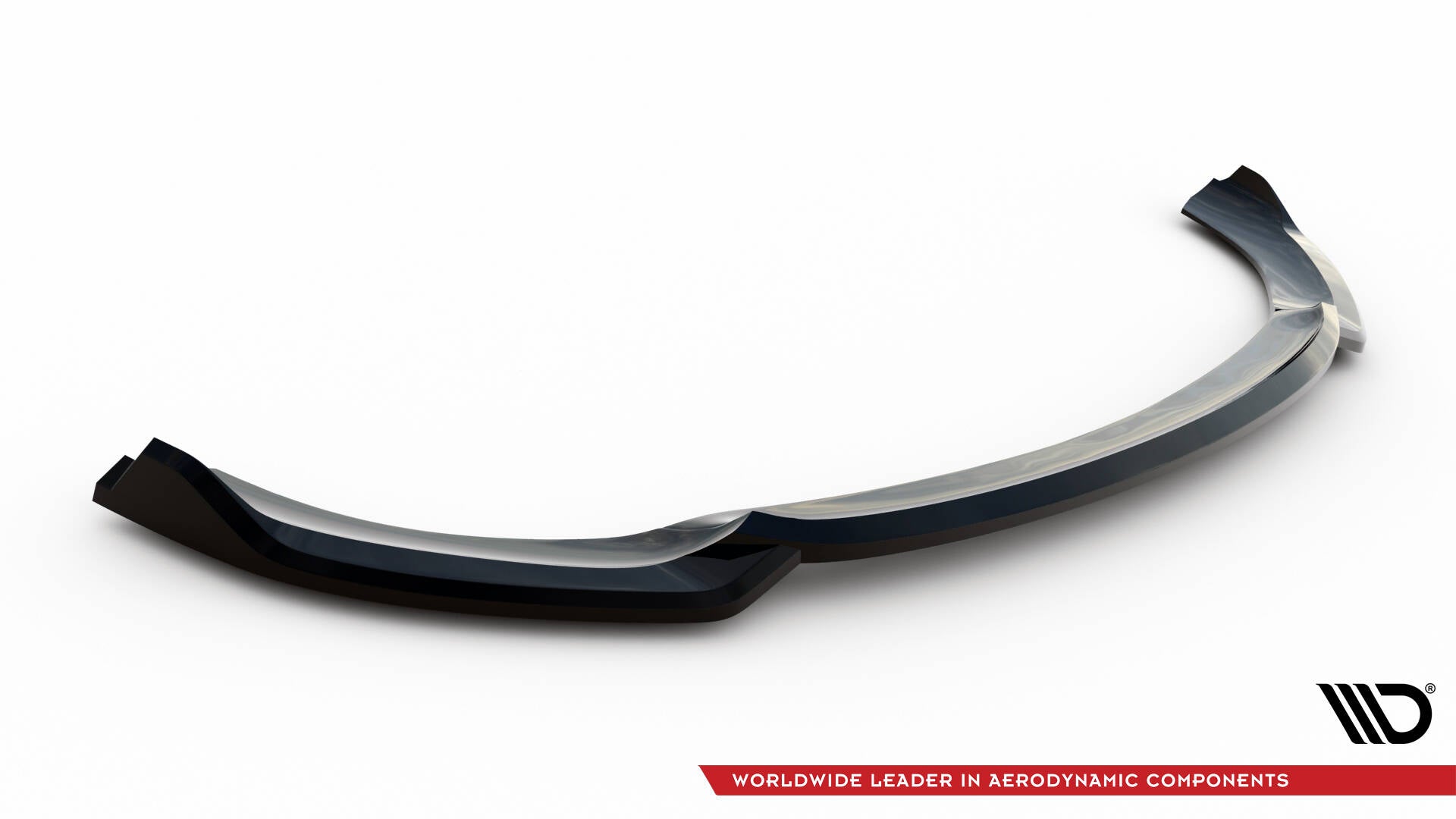 Front splitter til Mercedes E AMG-Line W214 V.1, sort og buet med glanset finish, sett skrått ovenfra.