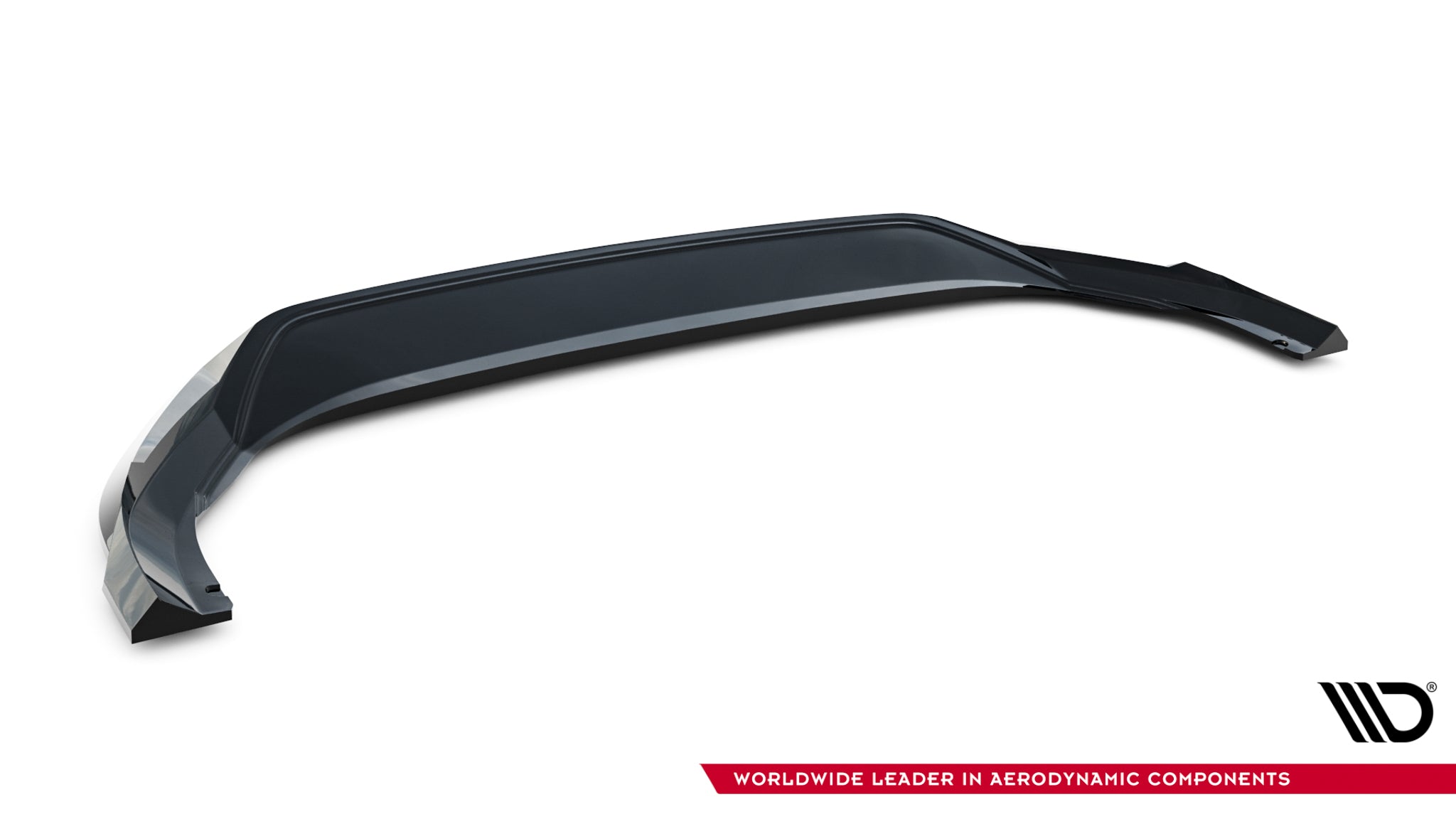 Frontspoiler Skoda Superb MK4 V.1 i sort plast, buet design med blank overflate sett skrått ovenfra.