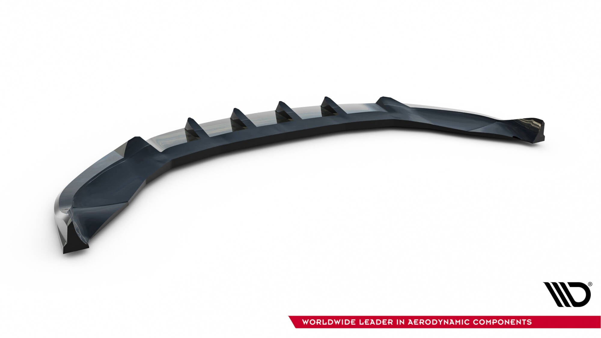 Front lip til Tesla Model S Plaid MK1 Facelift V.1, svart med aerodynamiske finner, sett skrått ovenfra.