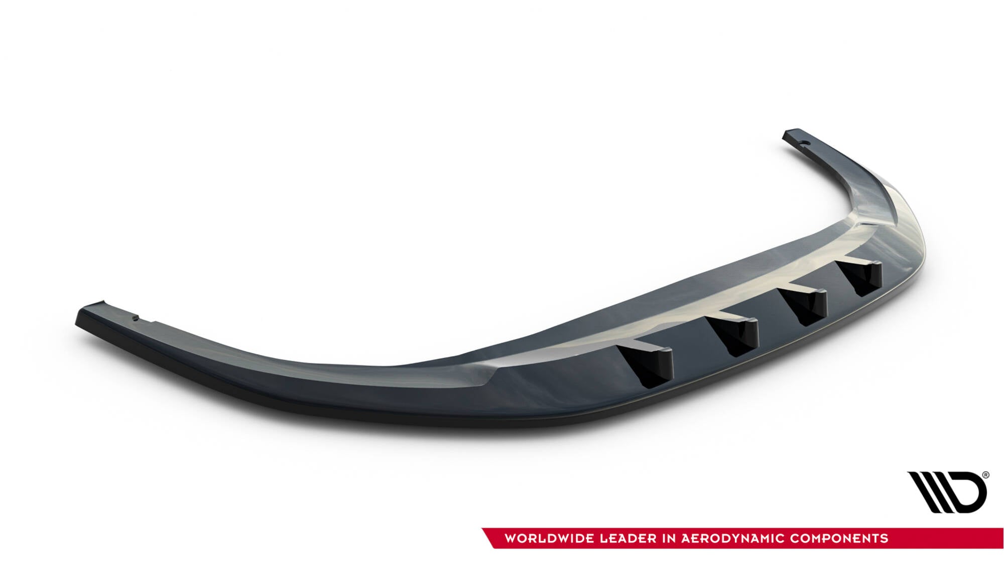 Front splitter for VW Golf MK8 Facelift, sort og glanset med markante finner, vist fra skrå vinkel.