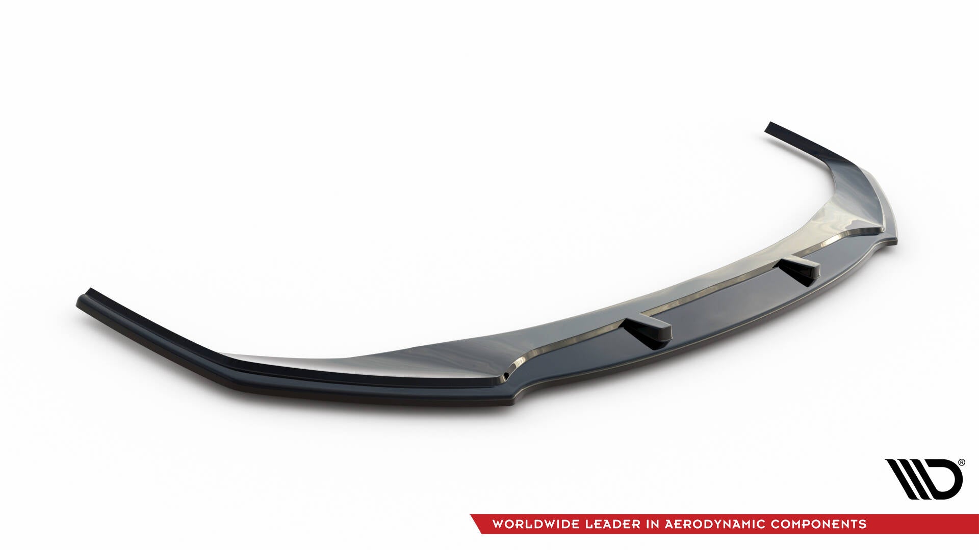 Front splitter Audi A7 S-Line C8 i blank svart glossy finish med avrundede utstikkere på hvit bakgrunn.