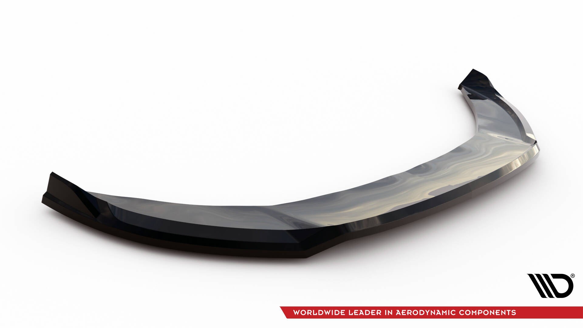 Front splitter Audi Q3 S-Line 8U V.2 i sort, glanset hardplast sett fra skrå vinkel mot hvit bakgrunn.
