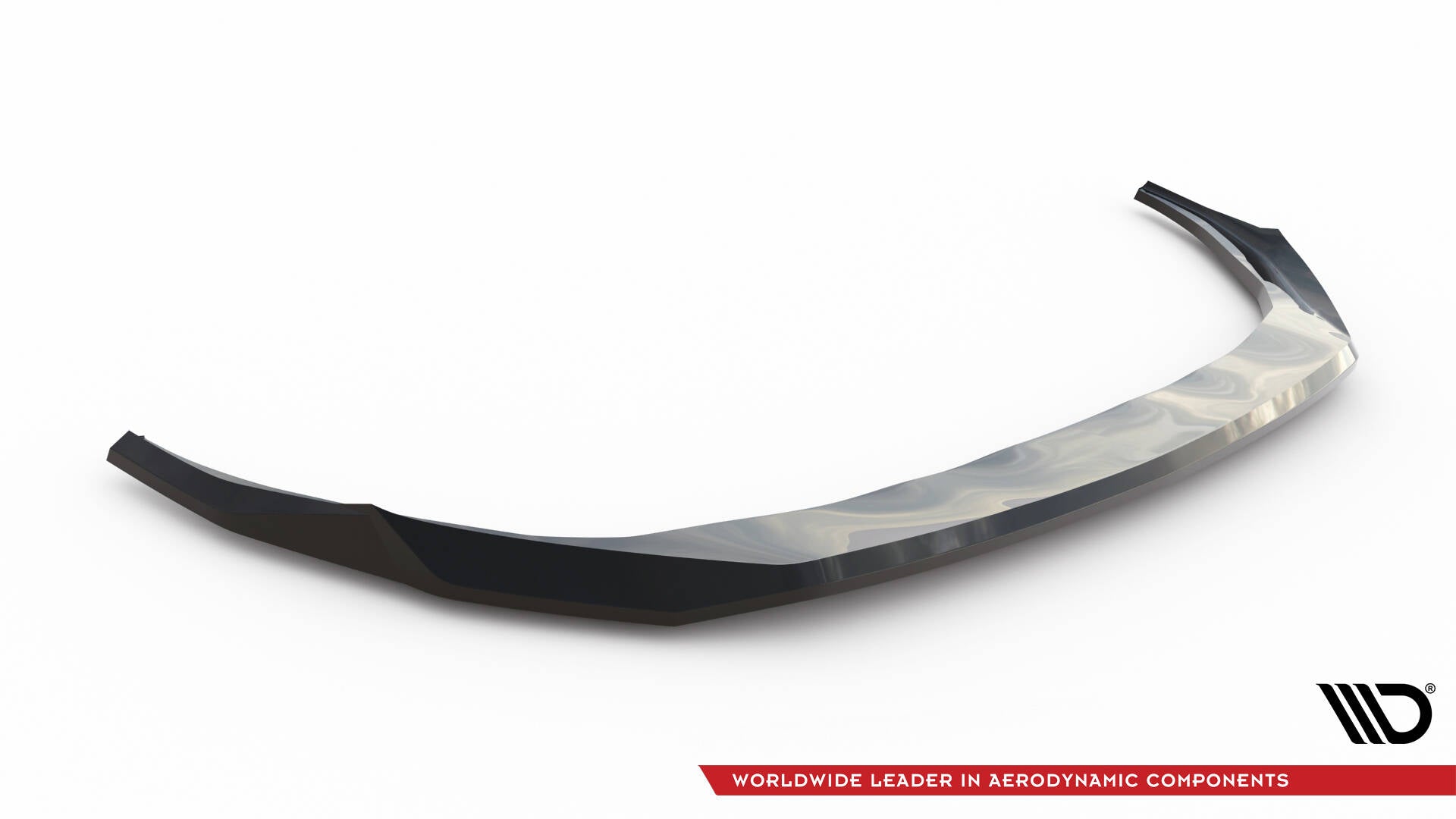 Front splitter til Audi S3 Sportback 8Y, sort og kantet design i blank plast, vist diagonalt mot hvit bakgrunn.