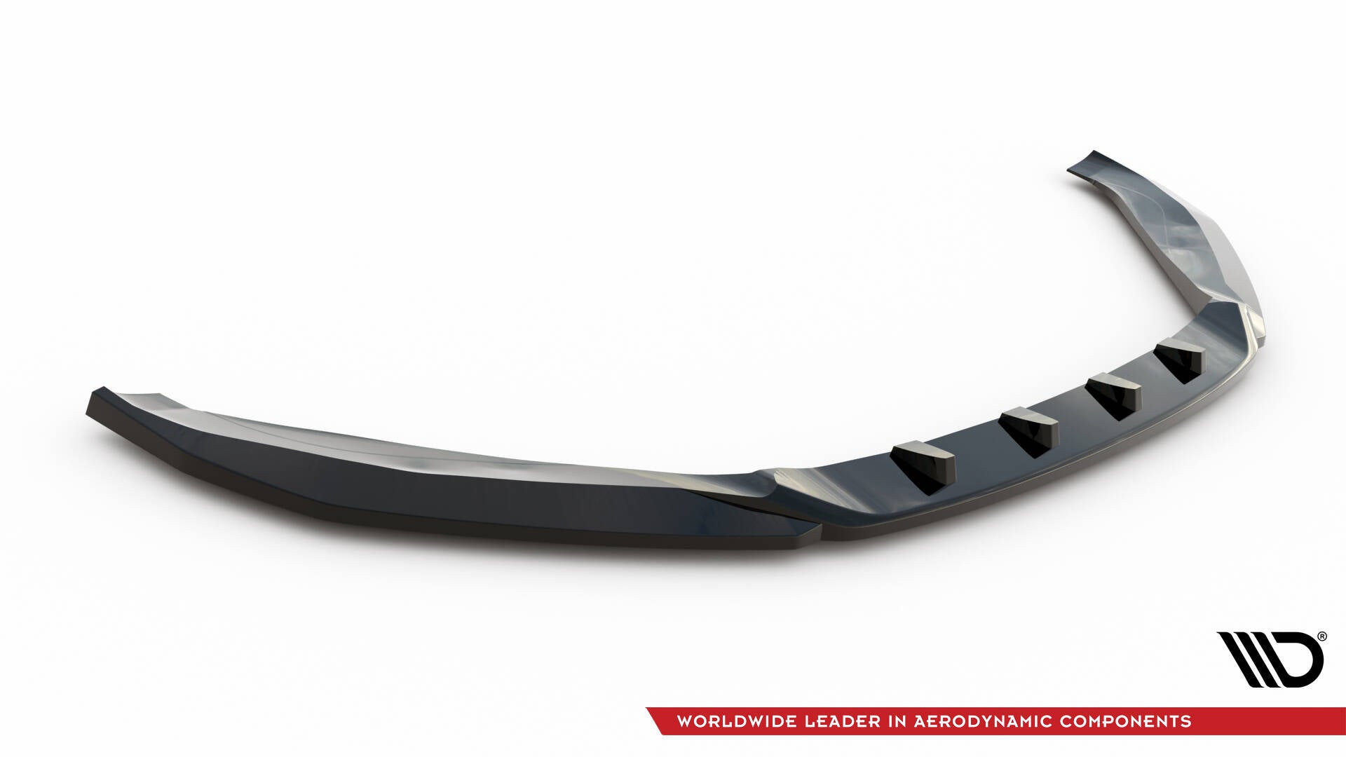 Front splitter Audi TT S 8S Facelift V.2 i blank svart plast med fem finner, skrått ovenfra mot hvit bakgrunn.