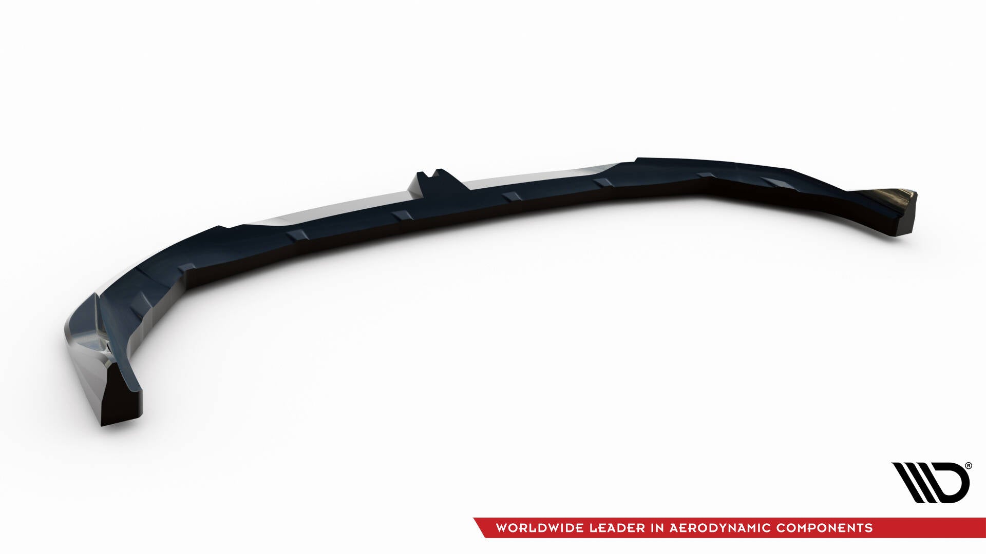Frontspoiler BMW F70 M135I V.2 i sort plast med blank finish, sett skrått ovenfra mot hvit bakgrunn.