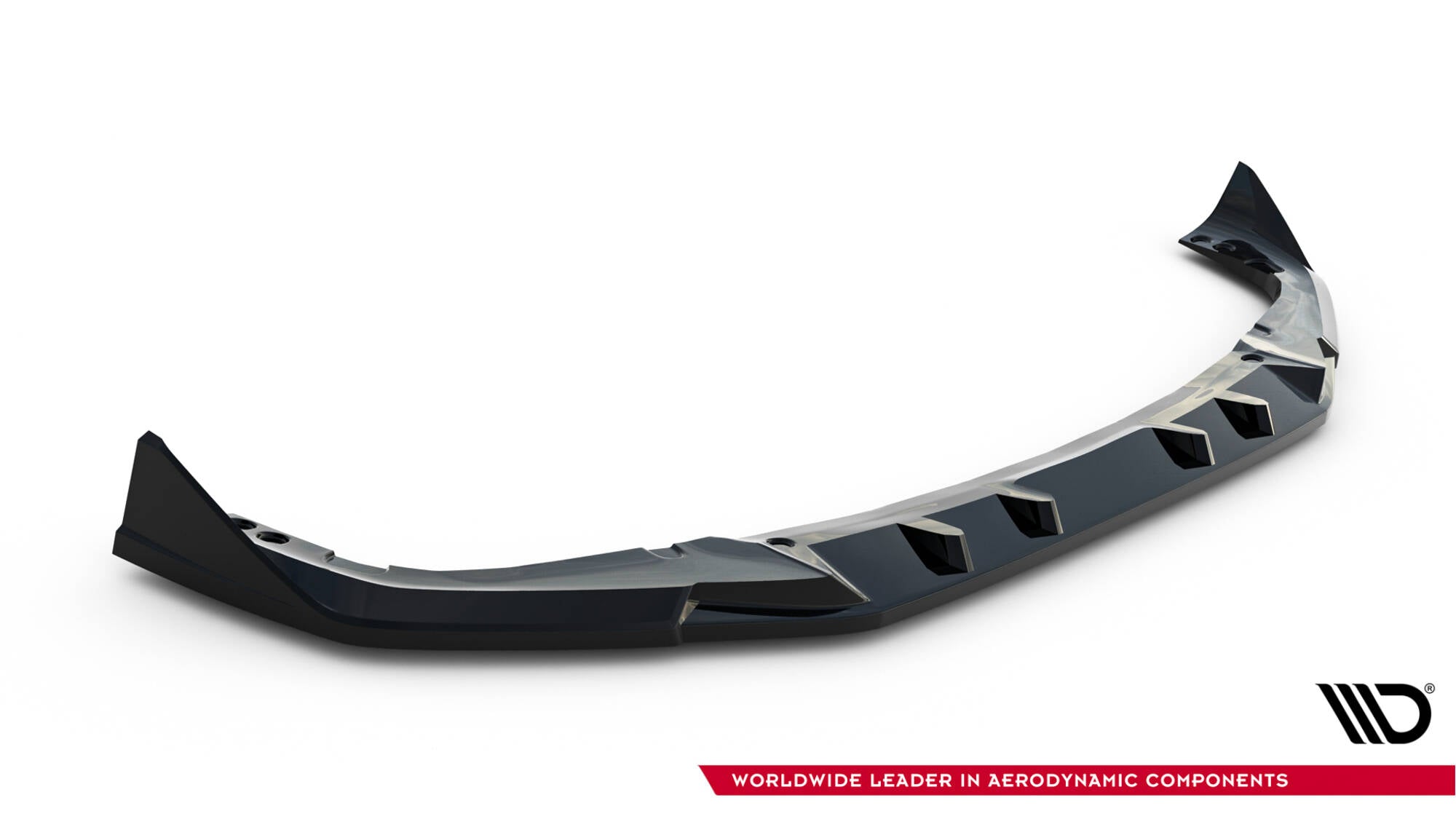 Front splitter til BMW X6 M F96 Facelift V.2 med skarpe, sorte aerodynamiske former og luftkanaler.