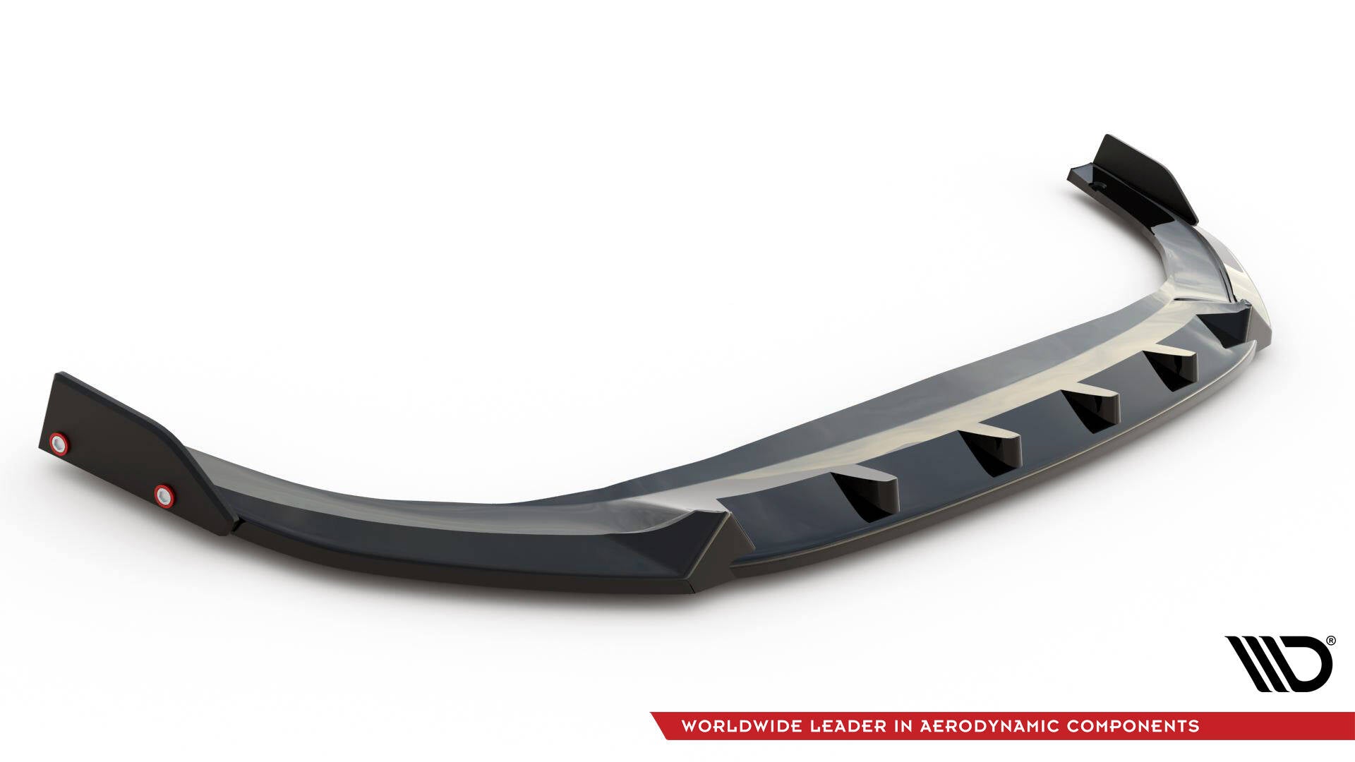Front splitter for VW Golf MK8 Facelift GTI med røde detaljer og markerte luftkanaler.