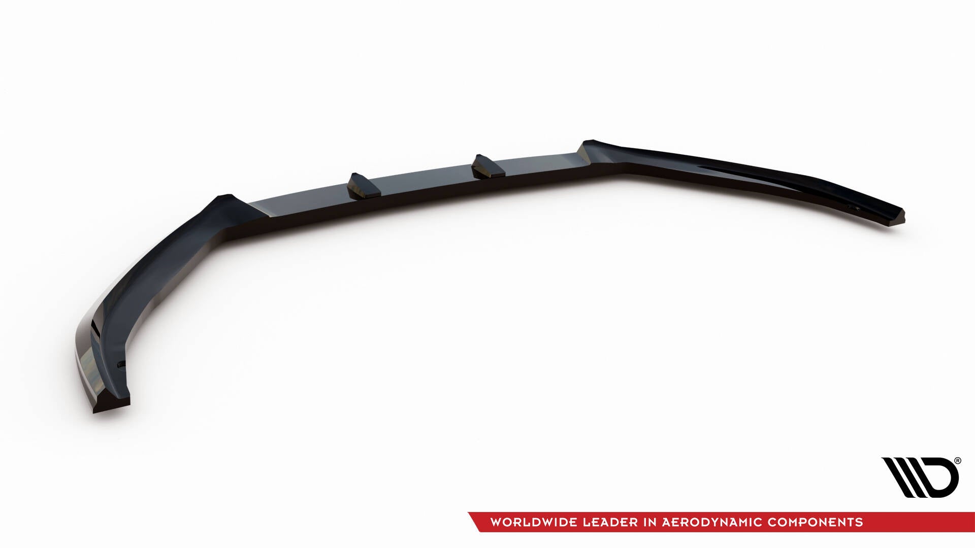 Front lip til Ford Focus Vignale MK4 V.2 i sort plast med tre opphøyninger, skrå vinkel mot hvit bakgrunn.